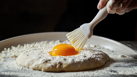 A pastry chef in action, delicately applying egg yolk to raw bread dough using a silicone brush, preparing it for the oven.の素材