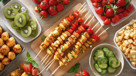 A serving table with fresh fruit skewers and a variety of other appetizers for a buffet-style gathering.の素材