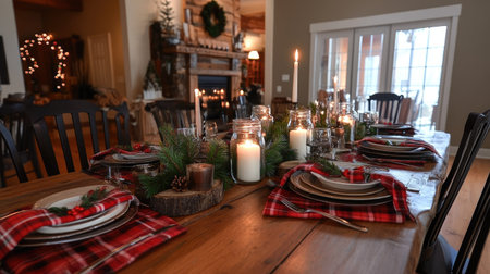 A rustic Christmas table with plaid napkins, wooden centerpieces, and candles in mason jars.の素材