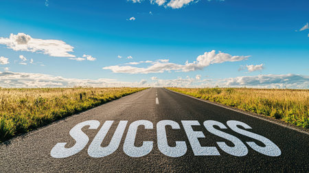 A straight road with SUCCESS painted on the asphalt, disappearing into the horizon under a bright blue sky.の素材