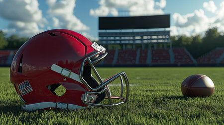 A red football helmet next to a football, placed on freshly mowed grass with stadium bleachers in the distance.の素材
