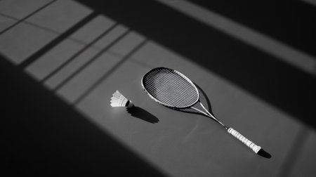 A shuttlecock and badminton racket lying on the court, with a focus on the court's edge and boundary lines.の素材