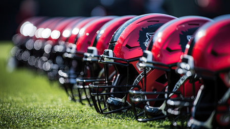A team's row of matching football helmets lined up on the sidelines before kickoff.の素材