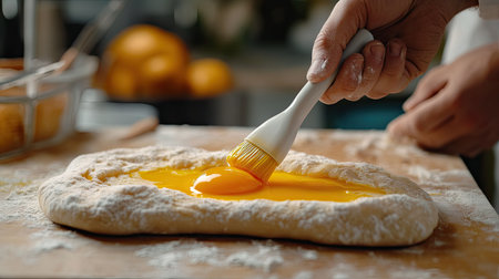 A pastry chef applying egg yolk to raw bread dough using a silicone brush, preparing for a perfect golden crust.の素材