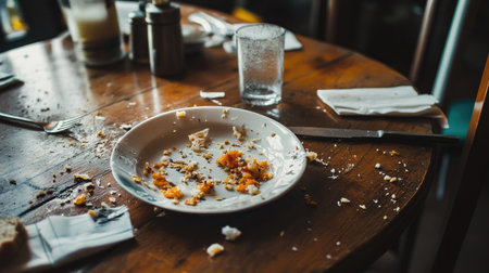 A shattered ceramic plate resting on a wooden dining table, with pieces of food and drink spilled across it.の素材