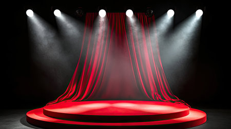 A red silk-covered podium on a dark stage with bright white spotlights creating a halo effect.の素材