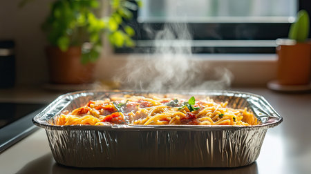A steaming foil food box with a takeaway meal of pasta and sauce, placed on a clean kitchen countertop.の素材