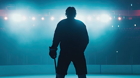 A silhouette of a hockey player holding a stick, standing on the rink with bright arena lights in the background.の素材