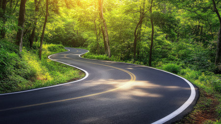 A road winding through a lush forest with sunlight breaking through the trees, symbolizing hope and success.の素材