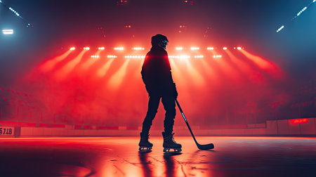 A silhouette of a hockey player holding a stick, standing on the rink with bright arena lights in the background.の素材