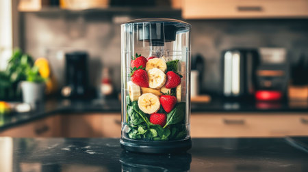 A sleek blender filled with fresh fruits like bananas, strawberries, and spinach on a modern kitchen countertop.の素材