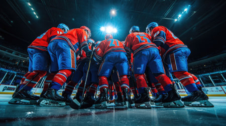 A team huddle on the ice, players leaning on their sticks as they strategize during a timeout.の素材