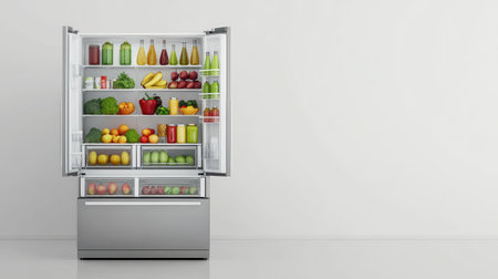 A spacious open fridge full of healthy vegetables, fruits, and beverages, against a clean white wall, emphasizing freshness and nutrition.の素材