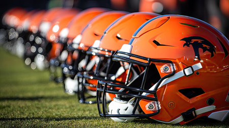 A team's row of matching football helmets lined up on the sidelines before kickoff.の素材