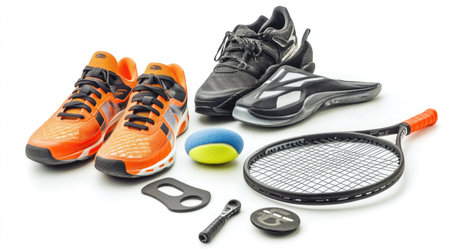 A set of assorted sports equipment, including a frisbee, tennis racket, and sports shoes, isolated on white.の素材