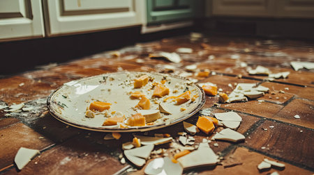 A shattered ceramic plate lying on a kitchen floor, with remnants of food around the broken pieces.の素材