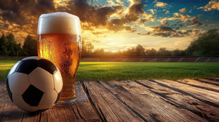 A soccer ball and a frothy beer on a wooden surface, with a green field in the background.の素材