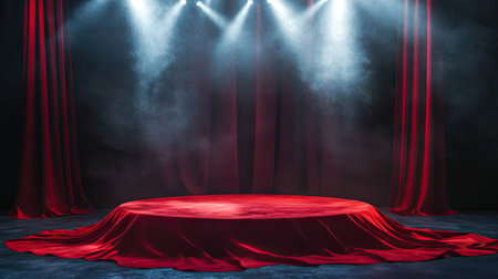 A red silk-covered podium on a dark stage with bright white spotlights creating a halo effect.の素材