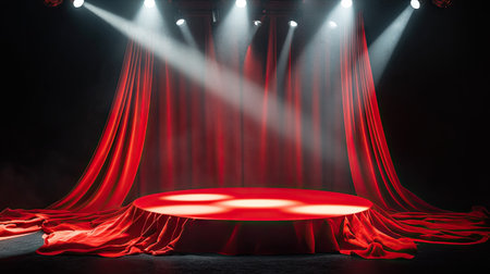 A red silk-covered podium on a dark stage with bright white spotlights creating a halo effect.の素材