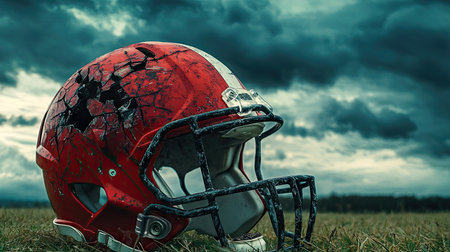 A shattered football helmet on the field, conveying the intensity of the game, under cloudy skies.の素材