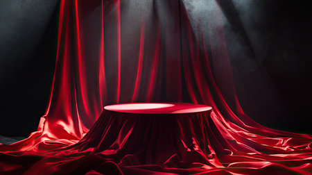 A stage podium covered in flowing red silk, surrounded by dramatic lighting and shadows.の素材
