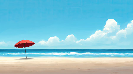 A single beach umbrella on a sandy beach, framed by a bright blue sky and calm ocean waves.の素材