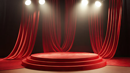 A sleek, modern podium covered with red silk, illuminated by soft white spotlights in an elegant venue.の素材