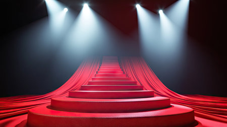 A sleek, modern podium covered with red silk, illuminated by soft white spotlights in an elegant venue.の素材
