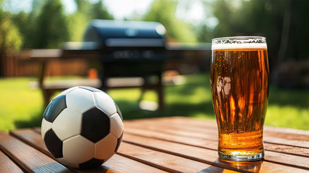 A soccer ball and a glass of beer on a picnic table with a barbecue grill in the background.の素材