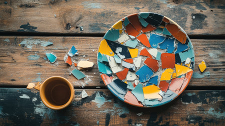 A shattered ceramic plate with colorful pieces scattered on a rustic wooden table, with a broken cup beside it.の素材