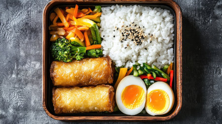 A top-down view of a traditional Japanese bento box with rice, stir-fried vegetables, and egg rolls.の素材