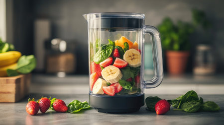 A sleek blender filled with fresh fruits like bananas, strawberries, and spinach on a modern kitchen countertop.の素材