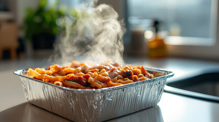 A steaming foil food box with a takeaway meal of pasta and sauce, placed on a clean kitchen countertop.の素材