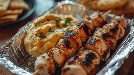 A takeaway meal in a foil food box filled with chicken kebabs, pita bread, and hummus, sealed and ready to go.の素材