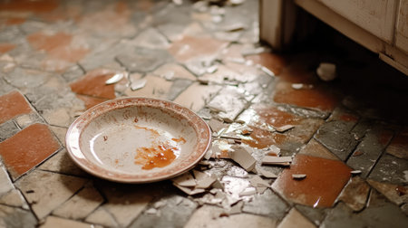 A small pile of ceramic shards from a broken plate on a kitchen floor, with a hint of spilled sauce nearby.の素材