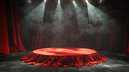 A stage podium covered in red silk, surrounded by a darkened audience area with focused spotlights.の素材
