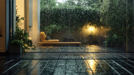 A rain-soaked terrace as seen through aluminum frame sliding doors, with water droplets on the glass.の素材