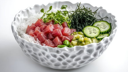 A tasty take-out poke bowl with ahi tuna, seaweed, and cucumber, served on a white background.の素材