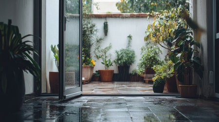 A rain-soaked terrace as seen through aluminum frame sliding doors, with water droplets on the glass.の素材