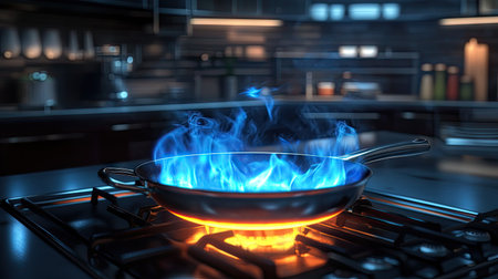 A sizzling frying pan on a gas burner with vibrant flames heating up the pan in a modern kitchen.の素材