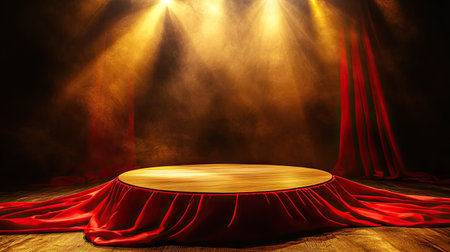 A polished wood podium wrapped in red silk under warm yellow spotlights, creating a regal atmosphere.の素材