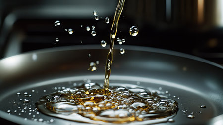 A thin stream of olive oil hitting a frying pan, creating tiny bubbles, with a stainless steel stove in the background.の素材