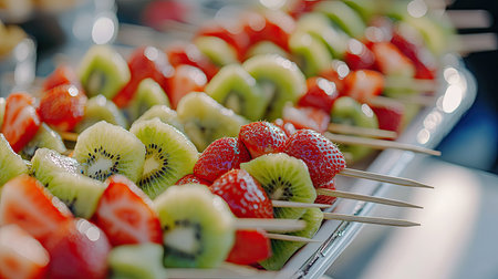 A tray of fresh fruit skewers featuring vibrant slices of kiwi, strawberries, and grapes, served at a buffet.の素材