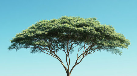 A tall tree with a full green canopy, stretching towards the sky on a bright, cloudless day.の素材