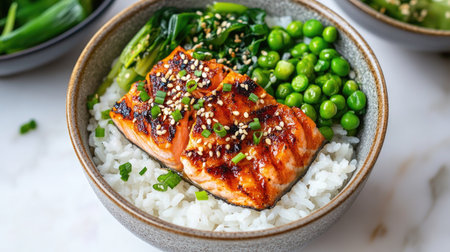 A simple Japanese bento lunch box filled with rice, grilled salmon, and fresh green vegetables.の素材
