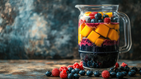 A smoothie blender filled with layers of colorful fruits like blueberries, mangoes, and raspberries on a rustic countertop.の素材