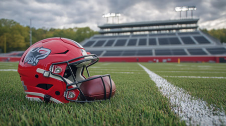 A red football helmet next to a football, placed on freshly mowed grass with stadium bleachers in the distance.の素材