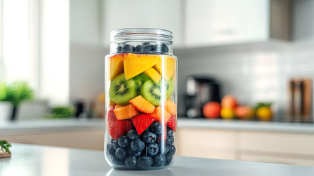 A smoothie blender jar with a rainbow of fruits layered inside, set in a clean and modern kitchen.の素材