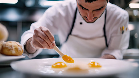 A professional pastry chef brushing a layer of egg yolk on uncooked bread dough, focusing on the delicate process.の素材