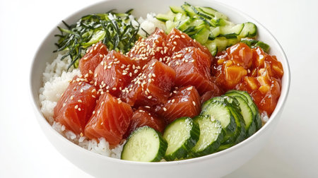 A take-out poke bowl with ahi tuna, rice, and vegetables, garnished with sesame seeds and served on a white surface.の素材